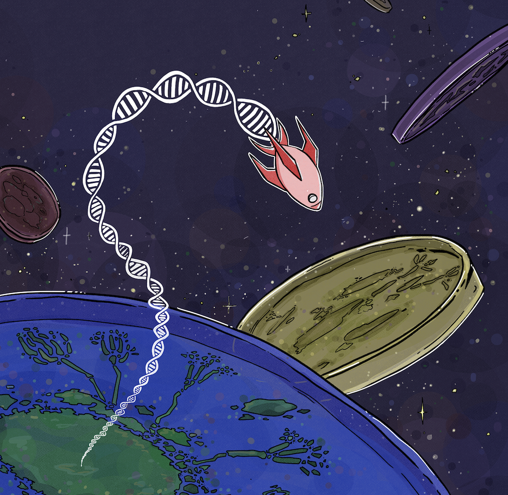 Illustration of a Starship: a DNA strand arcing from a petri-dish planet up into space, representing a giant fungal mobile genetic element